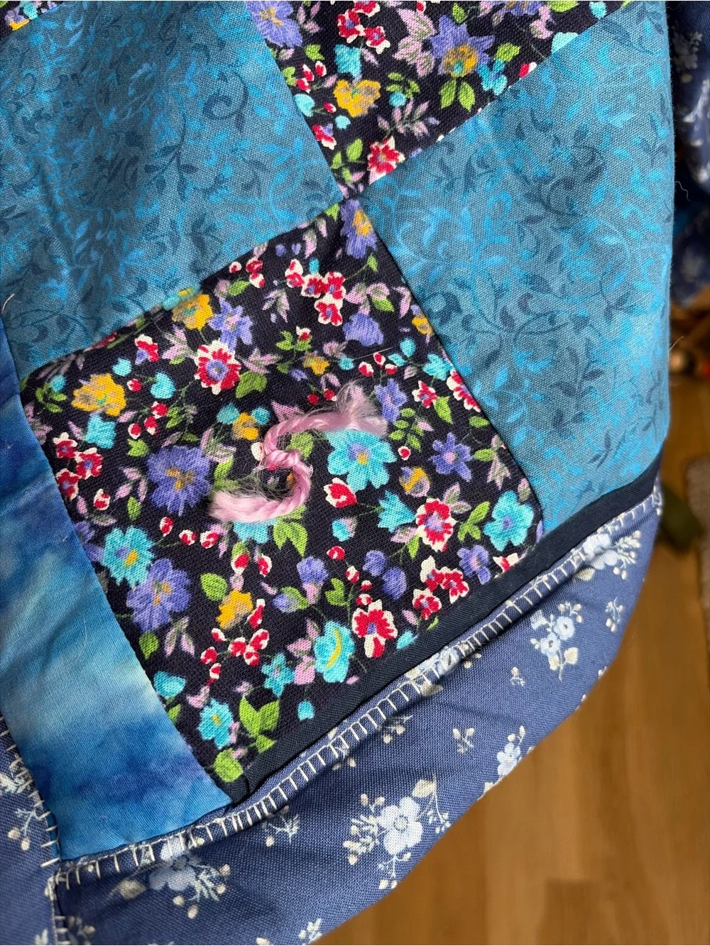 Handmade Blue Floral Patchwork Quilt - Blue